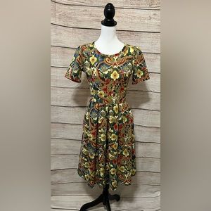 LuLaRoe Amelia dress tan yellow green blue red M Medium